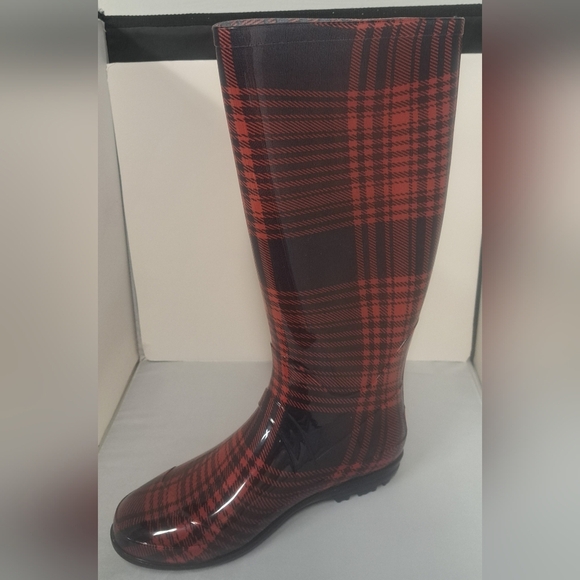 143 Girl Womens 9 Red Navy Rubber Rain Boots Knee High Buffalo Plaid - Picture 9 of 9